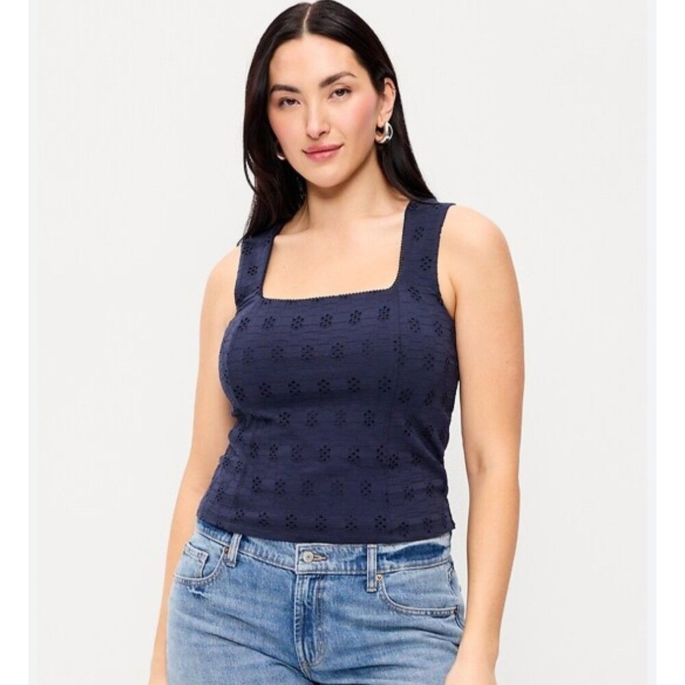 Old Navy Sz 2X Plus Sz Square Neck Top Seamed Bodice  Eyelet Tank Womens Blue